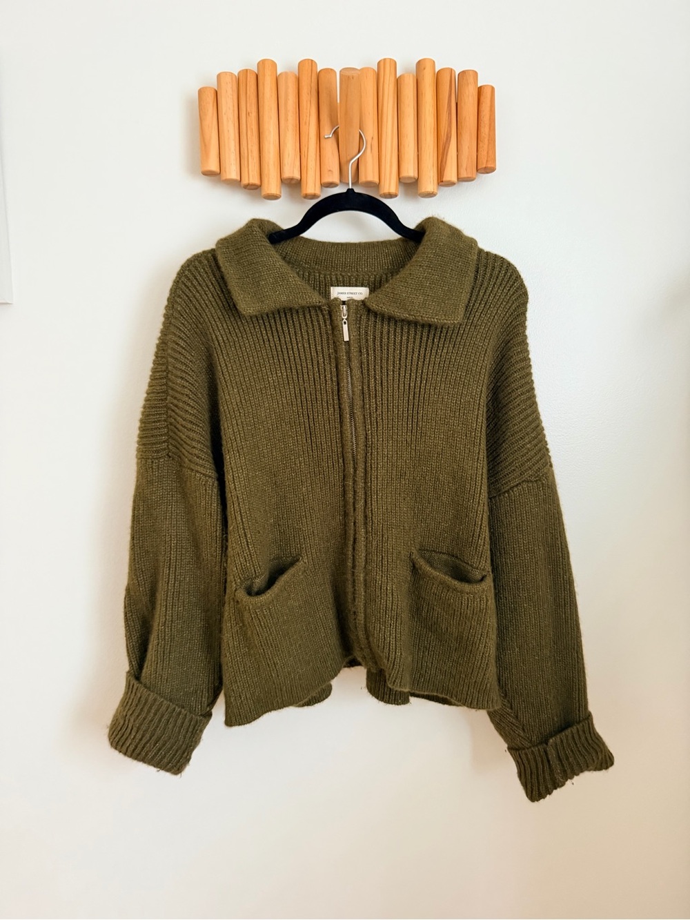 James Street Co. Olive Zip-Front Knit Sweater with Collar
